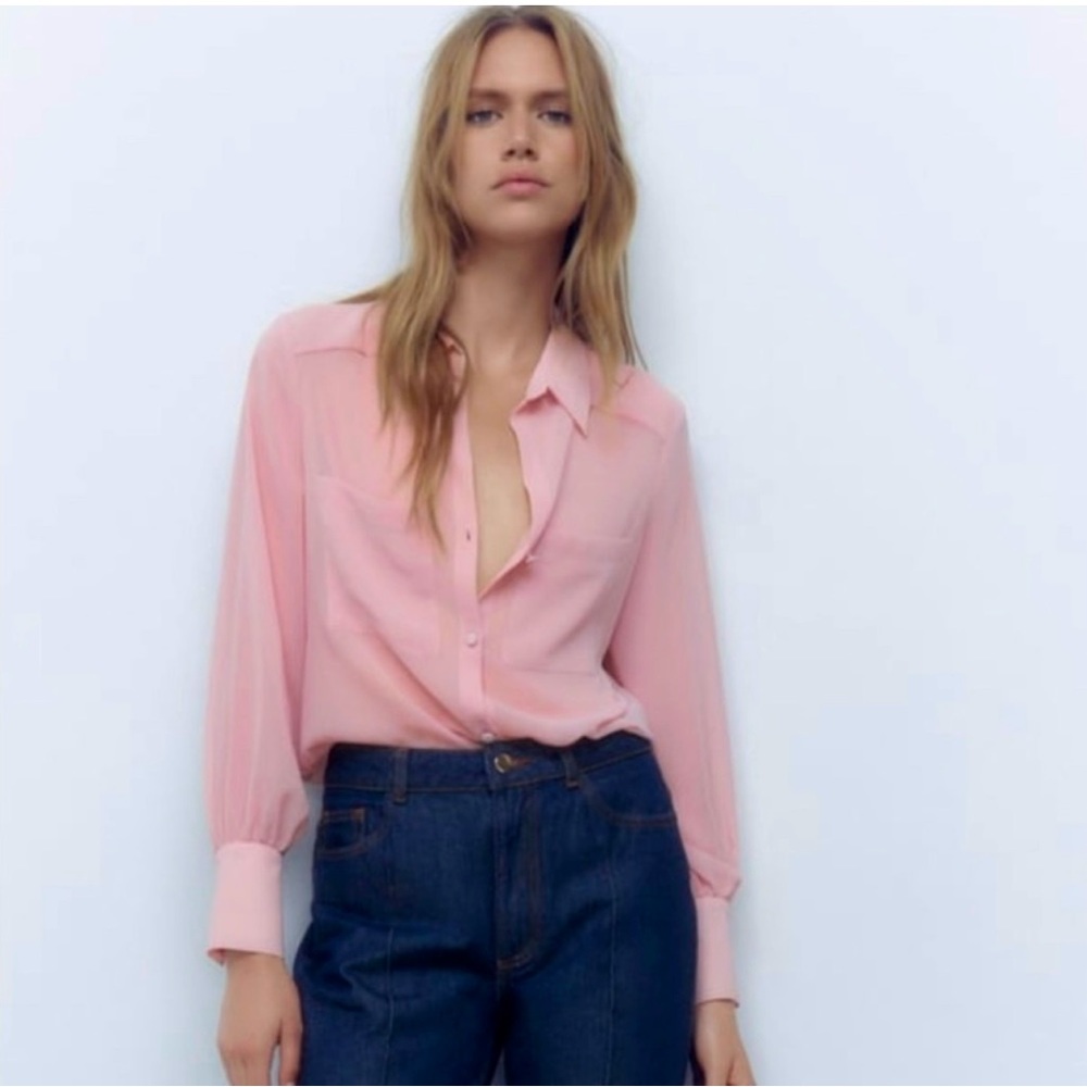 ZARA PATCH POCKET SEMI-SHEER SHIRT - S - PINK ROSE - BRAND NEW